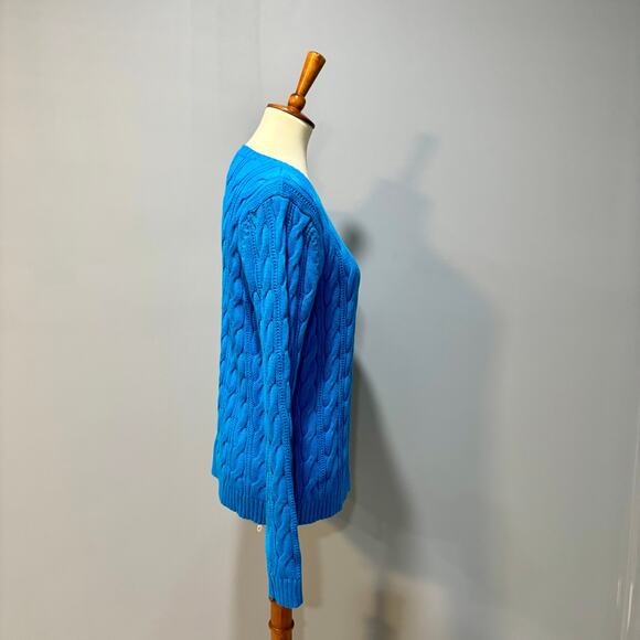 Lands' End Cotton Cable Knit Crewneck Sweater Bright Blue Preppy winter, Size M - Picture 4 of 7